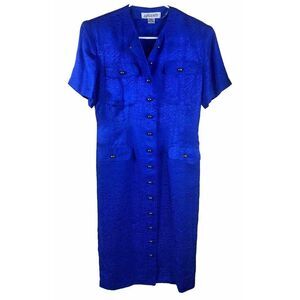 Vtg Argenti Dress Womens Sz 8 100% Silk Button Down Blue Animal‎ Print 80s Pinup